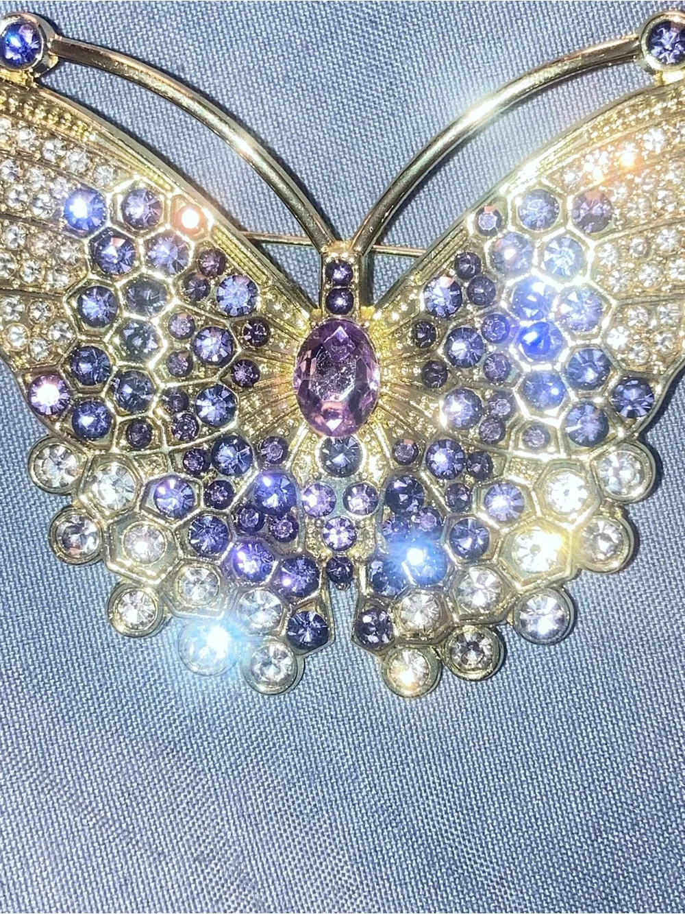 Gold Butterfly Crystal Brooch with Purple and Pink Stones